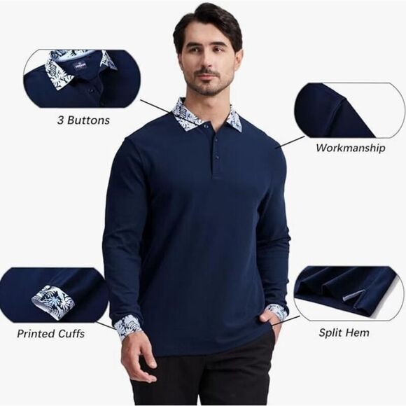 Men's Long-Sleeve Polo Shirt 3XL Hawaiian Print Collar, Cotton Blend, Casual Fit - Picture 2 of 5